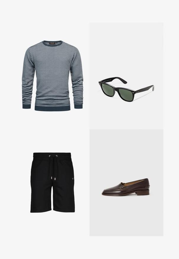 Stribet langærmet skjorte i navy og hvid, med ribbet halsudskæring og manchetter. Stoffet er blødt, med vandrette striber over det hele.; Hvid langærmet t-shirt med rund halsudskæring, lavet af blødt stof, med en afslappet pasform og uden synlige logoer eller mønstre.; Sorte bomulds shorts med snøre i taljen, sølv øjer og subtilt logo detaljer på venstre side. Glat tekstur og knælangt snit.; Brune læder loafers med en let spids toe, lav stablet hæl og dekorativ syning på overdelen. Glat tekstur, minimalistisk design.; Sorte plastiksolkaber med grønne linser, firkantede stel, sølvaccent på brynene og teksturerede templede arme. Angivet mærke på den indre arm.