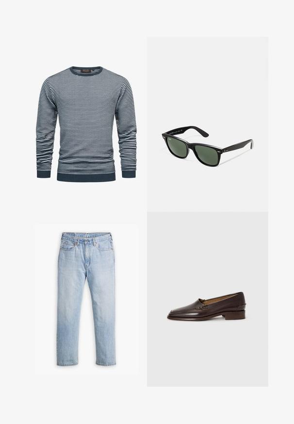 Camisa de manga larga a rayas en navy y blanco, con un cuello y puños acanalados. La tela es suave, con rayas horizontales en toda su extensión.; Camiseta blanca de manga larga con cuello redondo, hecha de una tela suave, con un corte holgado y sin logotipos o patrones visibles.; Jeans de mezclilla azul claro con un diseño de pierna recta, estilo de cinco bolsillos y costuras en contraste. Cierre de botón y cremallera en la cintura.; Mocasines de cuero marrón con una puntera ligeramente puntiaguda, tacón bajo apilado y costuras decorativas en la parte superior. Textura suave, diseño minimalista.; Gafas de sol de plástico negro con lentes verdes, montura cuadrada, acento plateado en la ceja y brazos texturizados. Marca indicada en el brazo interno.