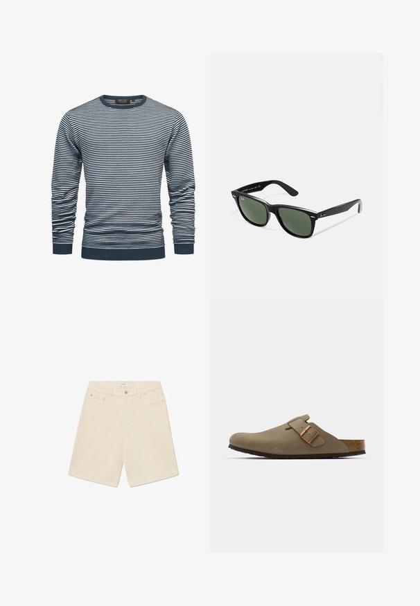 Stripet langermet skjorte i marineblå og hvit, med ribbestrikket hals og mansjetter. Stoffet er mykt, med horisontale striper over hele.; Hvit bomulls t-skjorte med rund hals, korte ermer og avslappet passform. Har et merke som står "WEEKDAY" på halsen.; Beige denimshorts med rett snitt, fem lommer og et merke på midjebåndet. Har knapp og glidelås lukking.; Brune tresko med en jevn, matte overflate. Har en fremtredende bronsebelte på siden. Korkfotseng og gummisåle for komfort.; Sorte plast-solbriller med grønne linser, firkantede rammer, sølvdetalje på brynene, og teksturerte stangarmen. Angitt merke på indre arm.