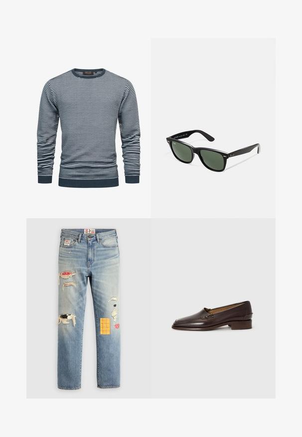 Camicia a maniche lunghe a righe in navy e bianco, con colletto e polsini a costine. Il tessuto è morbido, con righe orizzontali su tutta la superficie.; Jeans in denim blu chiaro con vestibilità rilassata, caratterizzati da toppe strappate in vari colori e motivi, inclusi accenti arancioni e rossi.; Mocassini in pelle marrone con punta leggermente appuntita, tacco basso e impunture decorative sulla parte superiore. Texture liscia, design minimalista.; Occhiali da sole in plastica nera con lenti verdi, montatura quadrata, dettaglio argento sulla parte superiore e steli con texture. Marchio indicato sulla parte interna dello stelo.