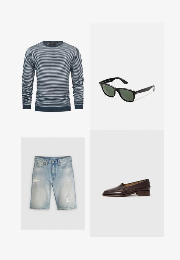 Navy ja valge triibuline pika varrukaga särk, millel on soonikkoes kaelus ja mansetid. Kanga tekstuur on pehme, kogu särk on horisontaalsete triipudega.; Vaaleansiniset farkkushortsit, joissa on korkeavyötärö ja joissa on kulutuspintaisia paikkoja sekä hapsureunat. Viisi-taskinen muotoilu ja metalliset varusteet.; Ruske nahkakengät, joissa on hieman terävä kärki, matala pinoheijastin ja koristeellinen ompelu päällä. Tasainen pinta, minimalistinen muotoilu.; Mustat muoviset aurinkolasit, joissa on vihreät linssit, neliönmuotoiset kehykset, hopeinen yksityiskohta kulmakarvojen kohdalla sekä tekstuuriset temppeleiden varret. Brändi ilmoitettu sisävarsissa.