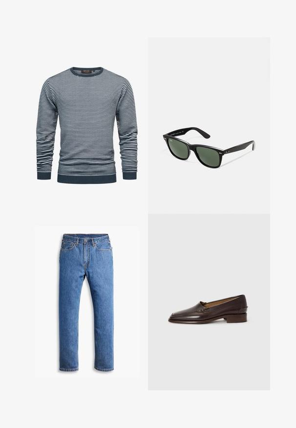 Striped long-sleeve shirt in navy and white, featuring a ribbed neckline and cuffs. The fabric is soft, with horizontal stripes throughout.; Blue denim jeans with a straight cut, featuring five pockets, a button closure, and orange stitching accents on a clean white background.; Brown leather loafers with a slightly pointed toe, low stacked heel, and decorative stitching on the upper. Smooth texture, minimalist design.; Black plastic sunglasses with green lenses, square frames, silver accent on the brow, and textured temple arms. Stated brand on inner arm.