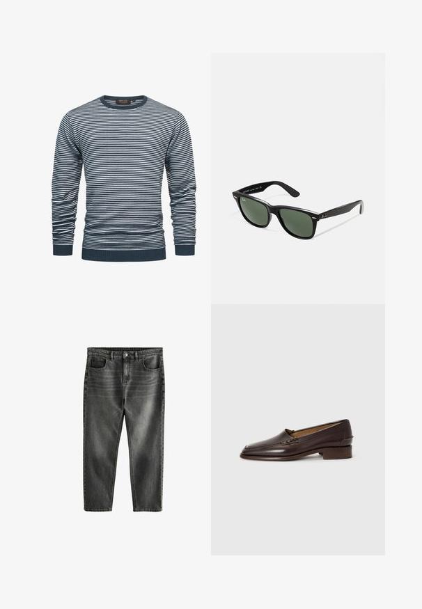Camicia a maniche lunghe a righe in navy e bianco, con colletto e polsini a costine. Il tessuto è morbido, con righe orizzontali su tutta la superficie.; Jeans in denim grigio scuro con una vestibilità comoda, cinque tasche, leggera scoloritura e cuciture a contrasto. Chiusura con bottone metallico e zip.; Mocassini in pelle marrone con punta leggermente appuntita, tacco basso e impunture decorative sulla parte superiore. Texture liscia, design minimalista.; Occhiali da sole in plastica nera con lenti verdi, montatura quadrata, dettaglio argento sulla parte superiore e steli con texture. Marchio indicato sulla parte interna dello stelo.