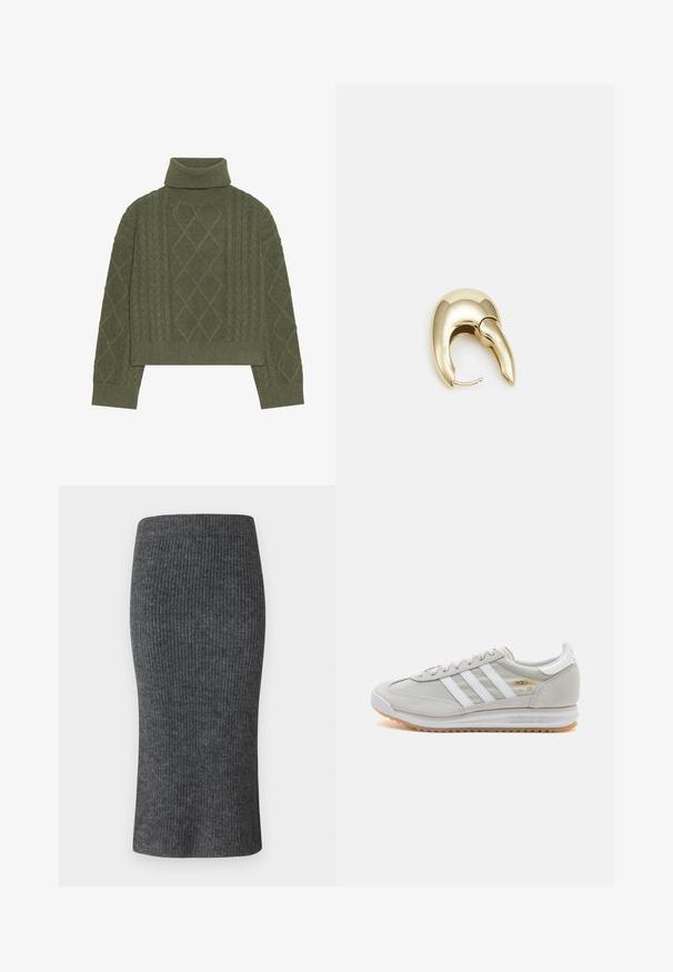 Olivnozeleni pulover s turtleneck iz kabelskega pletenja, z diamanti in rebrastim robom ter manšetami.; Siva rebrasta svinčasta krilna s fitted obliko, visokim pasom in gladko teksturo. Zasnovano za eleganten silhuet.; Svetlo sivi tenisice od antilopa i mrežaste tkanine, s tri bijele pruge, okruglim vrhom i gumenim potplatom. Zlatni logo akcent blizu vezica.; Uhane nakit iz zlatastega tona z gladko, ukrivljeno zasnovo. Ima edinstveno koničasto obliko, polirano površino in zaponko s tečajem.