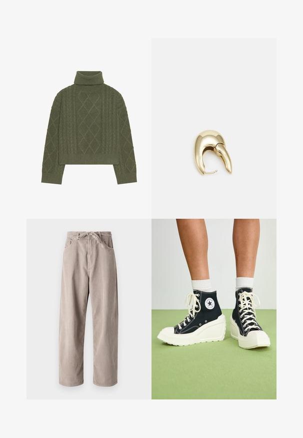Suéter de cuello alto verde oliva con textura de punto trenzado, presentando patrones de diamante y un dobladillo y puños acanalados.; Pantalones de pana beige de corte holgado, con cinturilla ajustable, dos bolsillos frontales y textura de canalé vertical.; Zapatillas negras de caña alta con una suela de plataforma blanca elevada, con cordones blancos y un parche de logo redondo en el costado. Material de lona texturizada.; Pendiente de metal en tono dorado con un diseño elegante y curvado. Presenta una forma puntiaguda distintiva, superficie pulida y cierre de bisagra.