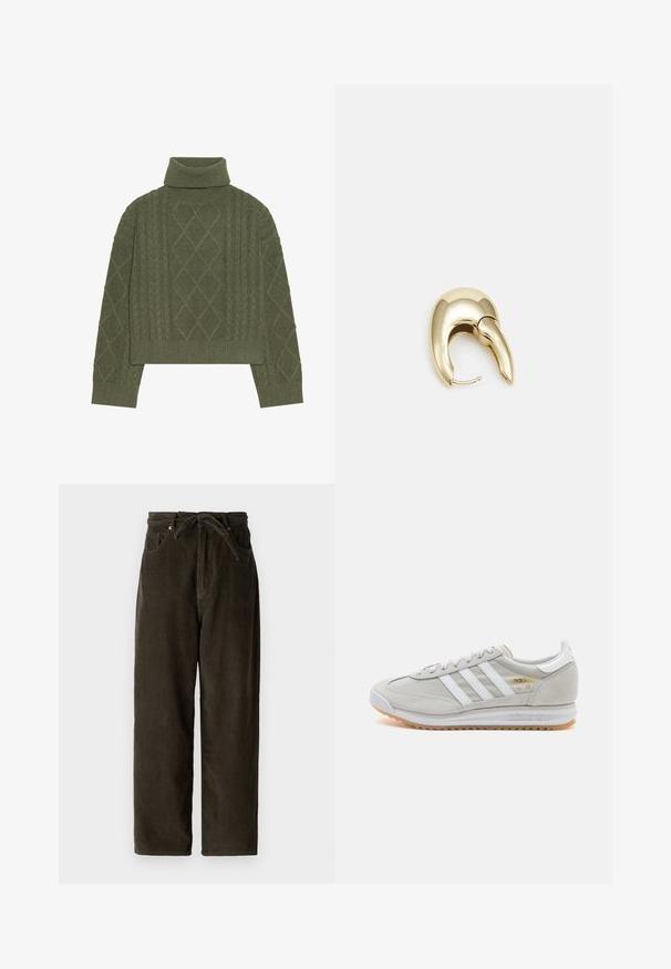 Olivengrøn turtleneck sweater med kabelstrik tekstur, der har diamantmønstre og ribkant ved kanten og ærmerne.; Mørkegrønne fløjlsbukser med bred ben, en snor i taljen, to forlommer og et blødt, tekstureret stof.; Lys grå sneaker lavet af ruskind og mesh, med tre hvide striber, rund tå og en sål af gummirubber. Guld logo detalje nær snørebåndene.; Guldtonet metal ørering med et slankt, buet design. Har en karakteristisk spids form, poleret overflade og hængselåbning.