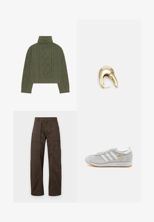 Olive roheline kõrge kaelusega sall, millel on koonuseline kudumise tekstuur, mis sisaldab teemantmustreid ning soonikservi ja varrukaid.; Pruunid cargo püksid, mis on valmistatud vastupidavast kangast, mitmete taskutega, mugava lõikega ja silmapaistva õmbluse detailidega vastupidavuse tagamiseks.; Heled hallid tossud, mis on valmistatud nubukist ja võrgust, millel on kolm valget triipu, ümmargune varvas ja kummist tald. Kuldne logoelement paelte lähedal.; Kuldtooni metallist kõrvarõngas, millel on elegantne ja kaarjas disain. Omab silmapaistvat teravat kuju, poleeritud pinda ja hingesulgemist.