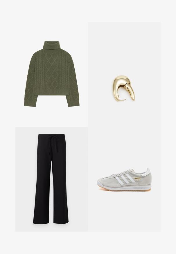 Olivovo zelený rolák so štruktúrou pletených káblov, ktorý má diamantové vzory a rebrovaný lem a manžety.; Čierne široké nohavice vyrobené z mäkkej látky, s nastaviteľným pásom a hladkou textúrou, navrhnuté pre pohodlie a všestrannosť.; Svetlosivé tenisky vyrobené z kože a sieťoviny, s tromi bielymi pruhmi, okrúhlou špičkou a gumovou podrážkou. Zlatý logový akcent pri šnúrkach.; Náušnice z kovu v zlatej farbe s elegantným, zakriveným dizajnom. Majú charakteristický špicatý tvar, leštený povrch a uzáver na pánt.