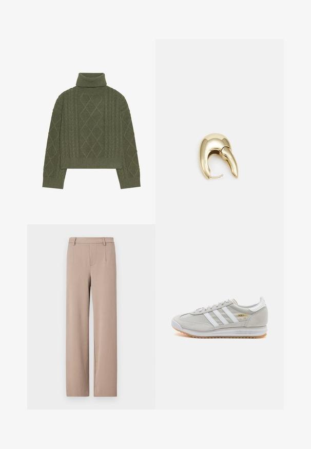 Olive krāsas augsta apkakle džemperis ar adījuma struktūru, kuram ir dimanta raksti un ribots apakšmalas un piedurknes.; Gai bēšas bikses ar taisnu siluetu, pielāgotu dizainu un priekšējām kabatām, ar gludu tekstūru un jostu.; Gaišpelēka kedas, izgatavotas no zamša un sieta, ar trim baltām svītrām, apaļu purngalu un gumijas zoli. Zelta logo akcenta detaļa blakus auklām.; Zeltīti metāla auskari ar gludu, izliekta dizaina. Ar atšķirīgu smailu formu, pulētu virsmu un eņģu aizdari.