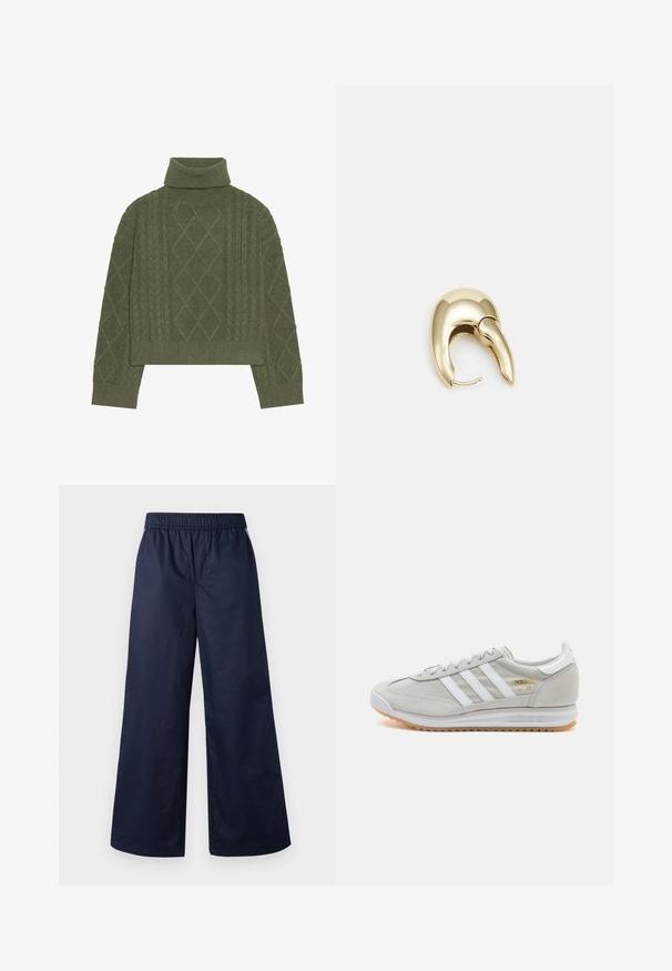 Olivově zelený rolák se vzorem copánků, který obsahuje diamantové vzory a žebrované lemy a manžety.; Široké kalhoty v tmavě modré barvě, s elastickým pasem, hladkou texturou a bez viditelných zapínání nebo kapes.; Světlé šedé tenisky vyrobené z semiše a síťoviny, se třemi bílými pruhy, kulatou špičkou a gumovou podrážkou. Zlatý logo akcent u šněrování.; Náušnice ve zlatém tónu z kovu s elegantním zakřiveným designem. Vyznačují se jedinečným špičatým tvarem, lesklým povrchem a závěsem na kloub.