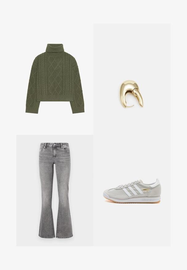 Olive green turtleneck sweater with cable knit texture, featuring diamond patterns and ribbed hem and cuffs.; Gray denim flared jeans with a mid-rise waist, five pockets, and a faded wash. Features a button closure and belt loops.; Light grey sneaker made of suede and mesh, featuring three white stripes, round toe, and a gum rubber sole. Gold logo accent near laces.; Gold-tone metal earring with a sleek, curved design. Features a distinctive pointed shape, polished surface, and hinge closure.