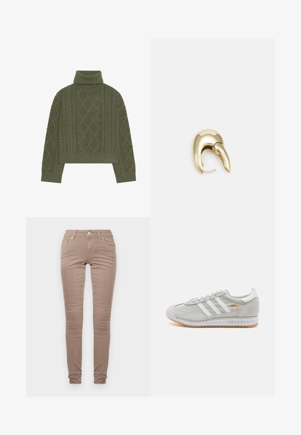 Olive roheline kõrge kaelusega sall, millel on koonuseline kudumise tekstuur, mis sisaldab teemantmustreid ning soonikservi ja varrukaid.; Kitsad püksid heledast pruunist kangast, klassikalise viie tasku disainiga, lukuga ning peene tekstuuriga viimistlusega.; Heled hallid tossud, mis on valmistatud nubukist ja võrgust, millel on kolm valget triipu, ümmargune varvas ja kummist tald. Kuldne logoelement paelte lähedal.; Kuldtooni metallist kõrvarõngas, millel on elegantne ja kaarjas disain. Omab silmapaistvat teravat kuju, poleeritud pinda ja hingesulgemist.