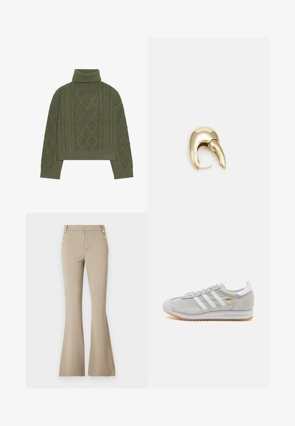 Olive roheline kõrge kaelusega sall, millel on koonuseline kudumise tekstuur, mis sisaldab teemantmustreid ning soonikservi ja varrukaid.; Kreemjad flared püksid pehmest kangast, kitseneva vöökoha ja viie dekoratiivse kuldnuppu kohta iga külje peal. Sile tekstuur, ilma mustriteta.; Heled hallid tossud, mis on valmistatud nubukist ja võrgust, millel on kolm valget triipu, ümmargune varvas ja kummist tald. Kuldne logoelement paelte lähedal.; Kuldtooni metallist kõrvarõngas, millel on elegantne ja kaarjas disain. Omab silmapaistvat teravat kuju, poleeritud pinda ja hingesulgemist.