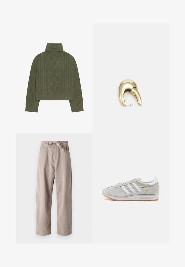Maglione a girocollo verde oliva con texture a trecce, caratterizzato da motivi a diamante e bordo a costine. ; Pantaloni in velluto a coste beige con vestibilità ampia, dotati di vita con cordoncino, due tasche frontali e lavorazione a coste verticali.; Sneaker grigio chiaro realizzato in suede e rete, con tre strisce bianche, punta arrotondata e suola in gomma color caramello. Accento del logo dorato vicino ai lacci.; Orecchino in metallo color oro con un design elegante e curvo. Presenta una forma appuntita distintiva, superficie lucida e chiusura a cerniera.