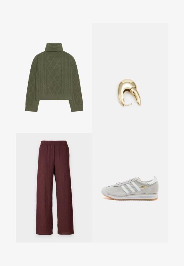 Maslinasto zelena turtleneck svjetšerica s kabelskim pletenjem, koja ima dijamantne uzorke i rebrasti rub i manžete.; Bordo široke hlače izrađene od teksturirane, naborane tkanine. Imaju elastičnu sredinu i padaju ravno do gležnjeva.; Svijetlosivi tenisice od antilopa i mrežice, s tri bijele pruge, okruglim vrhom i gumenom potplatom. Zlatni logo akcent blizu vezica.; Zlatne metalne naušnice s elegantnim, zakrivljenim dizajnom. Imaju karakterističan šiljast oblik, poliranu površinu i zatvaranje na šarku.