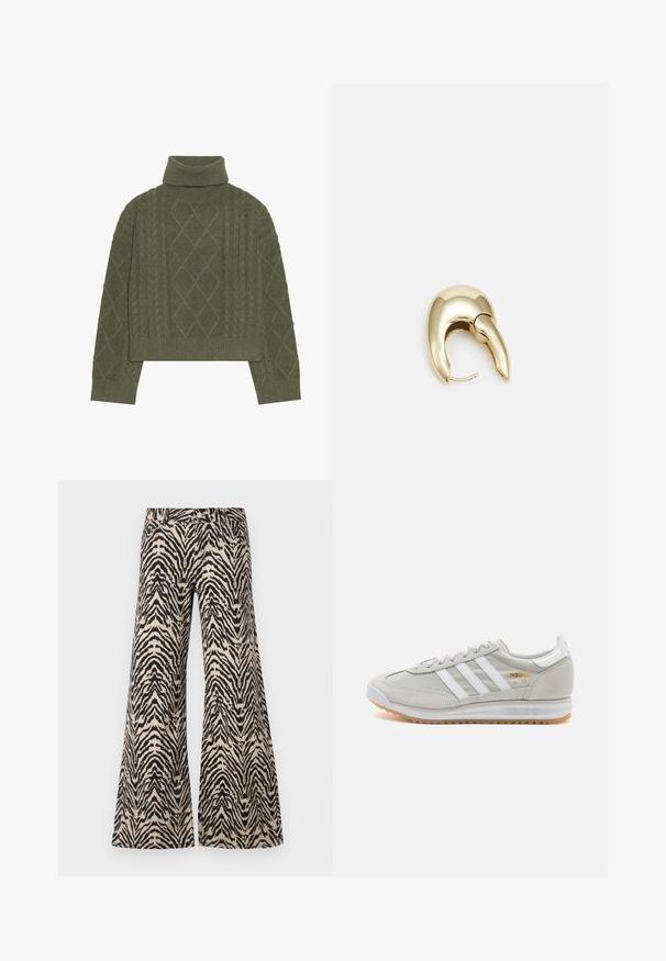 Olivově zelený rolák se vzorem copánků, který obsahuje diamantové vzory a žebrované lemy a manžety.; Kalhoty s širokými nohavicemi vyrobené z látky s béžovým a černým zebrovým vzorem, s vysokým pasem a tradičním pětioktovým designem.; Světlé šedé tenisky vyrobené z semiše a síťoviny, se třemi bílými pruhy, kulatou špičkou a gumovou podrážkou. Zlatý logo akcent u šněrování.; Náušnice ve zlatém tónu z kovu s elegantním zakřiveným designem. Vyznačují se jedinečným špičatým tvarem, lesklým povrchem a závěsem na kloub.