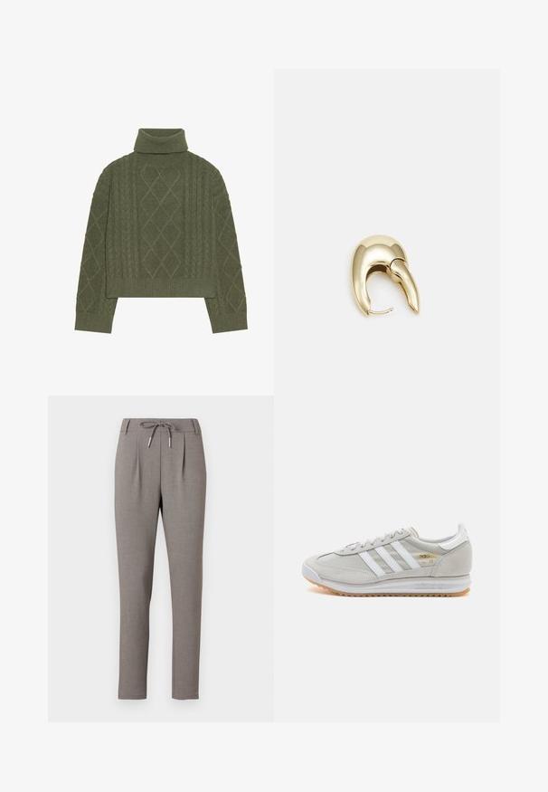 Olíva zöld garbós pulóver kötött mintával, gyémánt formákkal és bordás szegéllyel, valamint mandzsettákkal.; Szürke, fazonra szabott nadrág, állítható derékkal. Előre pleátolt és karcsú fazonú. Az anyag sima textúrával rendelkezik.; Világosszürke sportcipő velúr és hálós anyagból, három fehér csíkkal, kerek orral és gumi talppal. Arany logó dísz a fűzők közelében.; Aranyszínű fém fülbevaló, elegáns, ívelt formával. Különleges hegyes alak, fényes felszín és zsanéros záródás jellemzi.