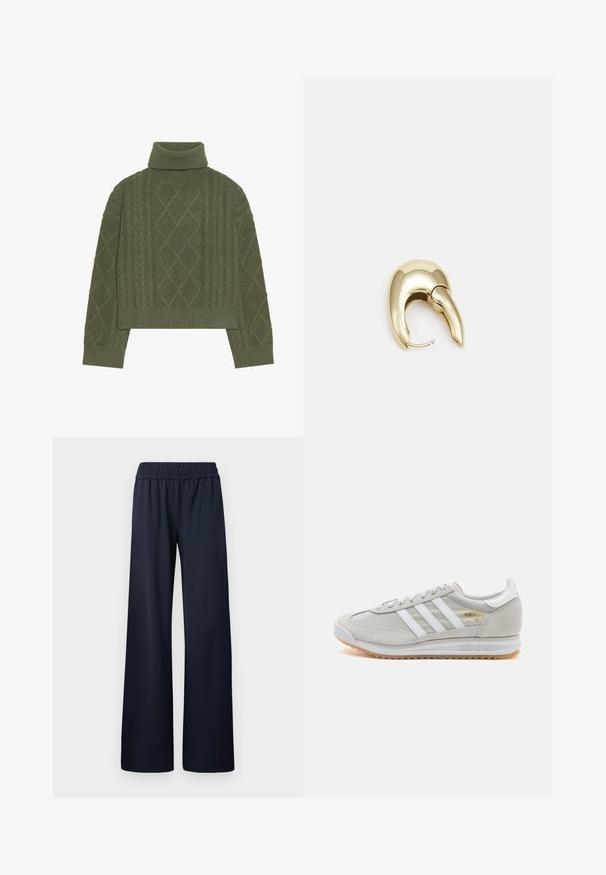 Olivově zelený rolák se vzorem copánků, který obsahuje diamantové vzory a žebrované lemy a manžety.; Námořnické modré kalhoty s širokými nohavicemi, vyrobené z hladké tkaniny, s elastickým pasem a celkovým střihem bez dalších detailů.; Světlé šedé tenisky vyrobené z semiše a síťoviny, se třemi bílými pruhy, kulatou špičkou a gumovou podrážkou. Zlatý logo akcent u šněrování.; Náušnice ve zlatém tónu z kovu s elegantním zakřiveným designem. Vyznačují se jedinečným špičatým tvarem, lesklým povrchem a závěsem na kloub.