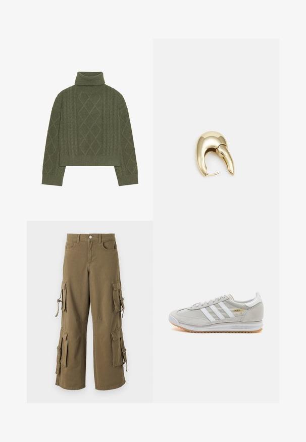 Olive krāsas augsta apkakle džemperis ar adījuma struktūru, kuram ir dimanta raksti un ribots apakšmalas un piedurknes.; Olīvzaļa kokvilnas krāsas cargo bikses. Tām ir vairākas sānu kabatas, regulējami saiņi un brīvs piegriezums. Mīksta tekstūra ar izšūtiem detaļām.; Gaišpelēka kedas, izgatavotas no zamša un sieta, ar trim baltām svītrām, apaļu purngalu un gumijas zoli. Zelta logo akcenta detaļa blakus auklām.; Zeltīti metāla auskari ar gludu, izliekta dizaina. Ar atšķirīgu smailu formu, pulētu virsmu un eņģu aizdari.