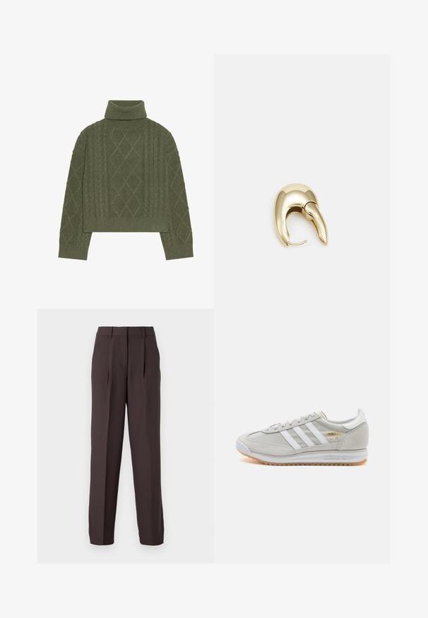 Olive krāsas augsta apkakle džemperis ar adījuma struktūru, kuram ir dimanta raksti un ribots apakšmalas un piedurknes.; JJXX JXELLIS WIDE - Auduma bikses - seal brown; Gaišpelēka kedas, izgatavotas no zamša un sieta, ar trim baltām svītrām, apaļu purngalu un gumijas zoli. Zelta logo akcenta detaļa blakus auklām.; Zeltīti metāla auskari ar gludu, izliekta dizaina. Ar atšķirīgu smailu formu, pulētu virsmu un eņģu aizdari.