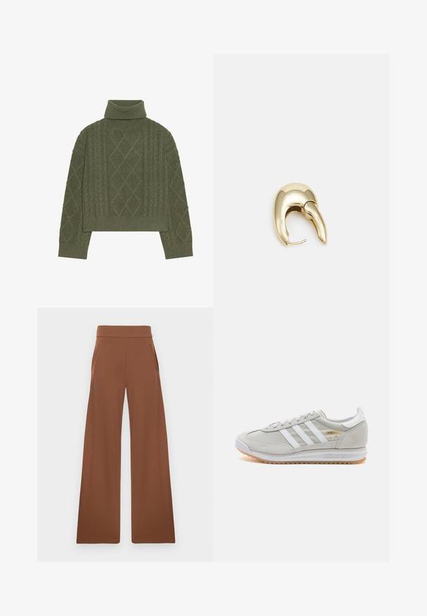 Olivovo zelený rolák so štruktúrou pletených káblov, ktorý má diamantové vzory a rebrovaný lem a manžety.; Hnedé nohavice s širokými nohavicami vyrobené z hladkej, elastickej látky. Majú vysoký pás a bočné vrecká, navrhnuté pre voľný strih.; Svetlosivé tenisky vyrobené z kože a sieťoviny, s tromi bielymi pruhmi, okrúhlou špičkou a gumovou podrážkou. Zlatý logový akcent pri šnúrkach.; Náušnice z kovu v zlatej farbe s elegantným, zakriveným dizajnom. Majú charakteristický špicatý tvar, leštený povrch a uzáver na pánt.