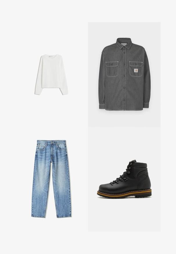 Bershka Svetr - white; Tmavě šedá košilová bunda z denimu, vybavená dvěma náprsními kapsami, zapínáním na knoflíky a kontrastním bílým prošíváním. Na kapse logo Carhartt.; Světle modré džíny z denimu s volným střihem, rovnými nohavicemi, pěti kapsami a bledým vzhledem. Obsahují přední zapínání na knoflík a zip.; Černá kožená turistická bota s kulatou špičkou, robustními tkaničkami, polstrovaným límcem a kontrastní, hnědo-černou vrstvou podrážky. Texturovaný svršek.