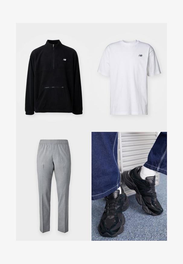 Melnā flīsa jaka ar pus-izvietojuma apkakli, priekšējo kabatu ar rāvējslēdzēju un izšūtu logo uz krūtīm. Mīksta tekstūra un brīvs pielāgojums.; Balta īsām piedurknēm T-kreklā ar apaļu kakla izgriezumu, uz kura kreisā krūšu daļā ir neliela melna New Balance logo, pret vienkāršu fona.; Pelēki auduma bikses ar elastīgu jostu, taisna griezuma un ar krokām pa priekšpusi. Auduma tekstūra izskatās gluda un viegla.; Melnas kedas, kas izgatavotas no teksturētiem un gludiem materiāliem, ar izteiksmīgām šņorēm un masīvu zoli, kombinētas ar tumšiem džinsu biksēm.