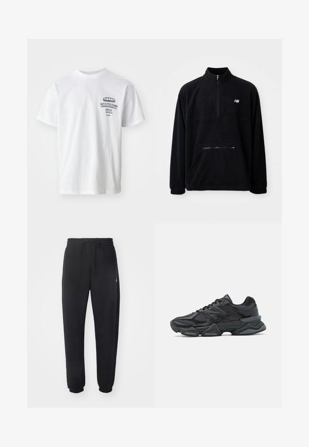 Černý fleecový pulovr s límcem na půl zip, přední kapsou se zipem a vyšitým logem na hrudi. Měkká textura a uvolněný střih.; Bílý bavlněný tričko s krátkým rukávem, kulatým výstřihem a grafickým potiskem s textem "Carhartt WIP" a ilustrovaným jídlem na hrudi.; Černé tepláky z měkkého materiálu s elastickým pasem, šňůrkou na stažení a zužujícími se manžetami, s jemným logem na boku.; Černá běžecká bota s kombinací síťoviny a syntetických materiálů, masivní podešev, zakřivený design a výrazné logo na boku.