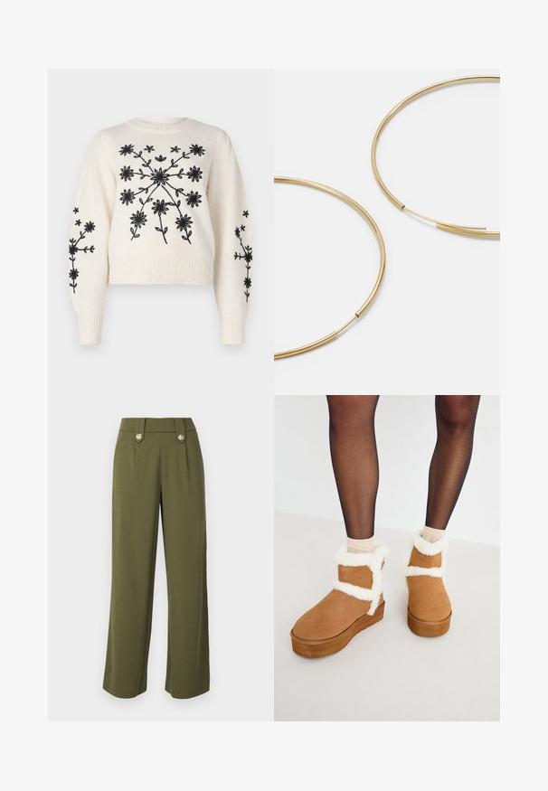 Kremkrāsas džemperis ar melnu ziedu izšuvumu, ar apaļu kakla izgriezumu un ribotiem piedurknēm. Dizainā ir ziedu raksti priekšā un uz piedurknēm.; Olīvu zaļas plaša griezuma bikses, izgatavotas no gluda auduma, ar divām priekšējām kabatām un dekoratīvām sudraba toņu pogām uz jostas.; Brūni zamšādas potītes zābaki ar baltu mākslīgo kažokādu un platformas zoli, ar krustveida siksnu dizainu. Gluda tekstūra un noapaļota pirksta forma.; Zelta krāsas auskari gredzena formā, plāni un apaļi, ar gludu metāla apdari un bez rotājumiem vai zīmējumiem.