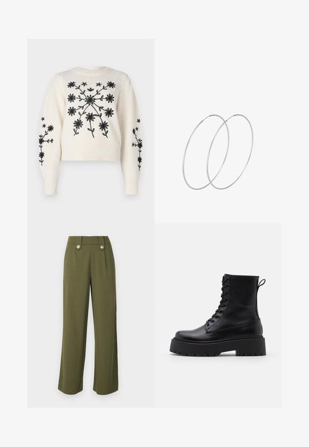 Creme trui met zwarte bloemige borduursels, met een ronde halslijn en geribde manchetten. Het ontwerp bevat bloemige patronen op de voorkant en de mouwen.; Olijfgroene broek met wijde pijpen van gladde stof, met twee vo pockets en decoratieve zilverkleurige knopen op de tailleband.; Zwarte leren enkelboots met een ronde neus, vetersluiting aan de voorkant en een dikke rubberen zool met een gestructureerd profiel. Trekbandje aan de achterkant.; Zilveren hoepel oorbellen met een minimalistisch ontwerp. Cirkelvormig, gladde textuur en dun profiel. Lichtgewicht met een gepolijste afwerking.