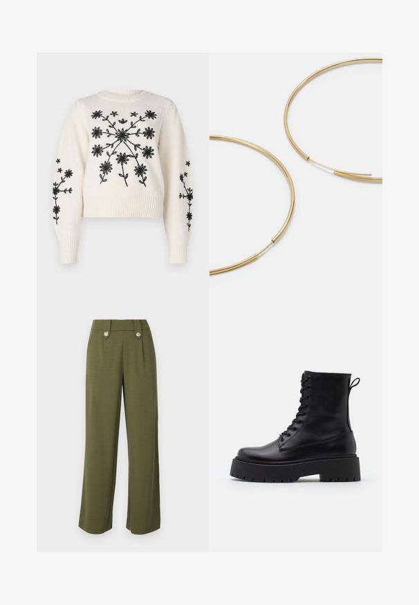 Kremkrāsas džemperis ar melnu ziedu izšuvumu, ar apaļu kakla izgriezumu un ribotiem piedurknēm. Dizainā ir ziedu raksti priekšā un uz piedurknēm.; Olīvu zaļas plaša griezuma bikses, izgatavotas no gluda auduma, ar divām priekšējām kabatām un dekoratīvām sudraba toņu pogām uz jostas.; Melni ādas potītēm zābaki ar apļveida purngalu, auklām priekšpusē un biezu gumijas zoli ar teksturētu protektoru. Velkšanas cilpa aizmugurē.; Zelta krāsas auskari gredzena formā, plāni un apaļi, ar gludu metāla apdari un bez rotājumiem vai zīmējumiem.