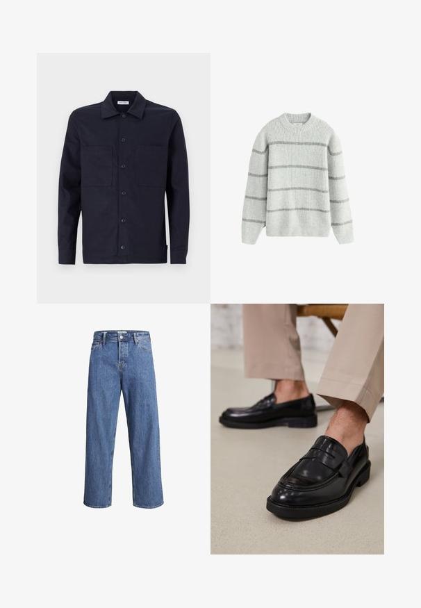 Suéter de rayas grises hecho de una tela suave y texturizada. Presenta un cuello redondo y mangas largas con rayas horizontales en gris claro y oscuro.; Camisa de botones azul marino con un cuello clásico, dos bolsillos frontales, mangas largas y una textura suave de tela de algodón.; Jeans de denim azul claro con un diseño de pierna recta, cintura alta y detalles de costura mínimos. La tela tiene una textura suave y ligeramente desvanecida.; Mocasines de cuero negro con un acabado suave, que cuentan con una correa decorativa y costuras en contraste, combinados con pantalones beiges.