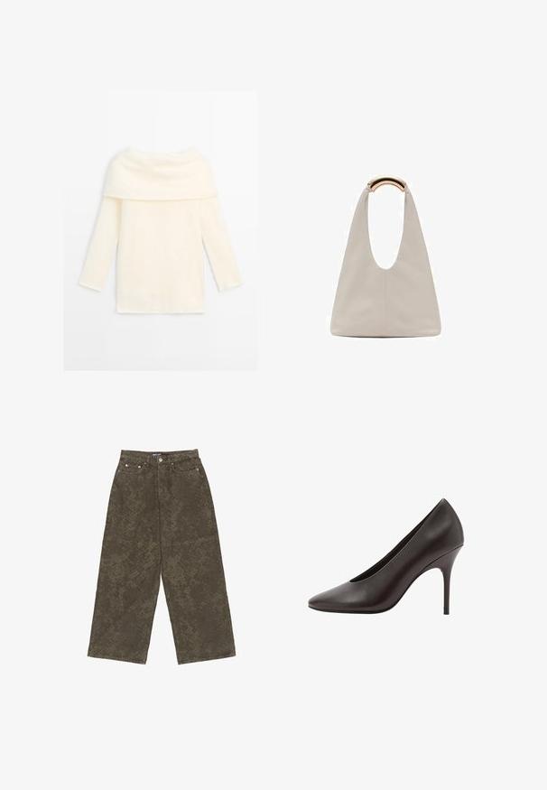 Cremefarbener Langarmpullover mit weitem umgeschlagenem Rollkragen, weicher Textur und geradem Saum, flach auf einem weißen Hintergrund ausgelegt.; Olivgrüne weit geschnittene Jeanshose aus Denim mit strukturiertem Muster, Fünf-Taschen-Design und Knopfverschluss vorne.; Schwarzer Leder-Pumps mit spitz zulaufender Zehenpartie und schlankem Stilettospitz, auf der Seite gezeigt.; Hellgraue Lederhandtasche mit einem U-förmigen Design und einem geschwungenen, metallischen Griff. Glatte Textur mit minimalen Nähten und ohne sichtbare Muster.