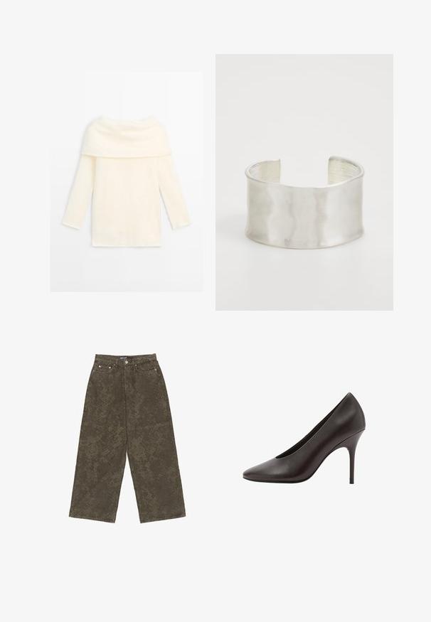 Crème kleurige lange mouwen sweater met brede opgevouwen col, zachte textuur en rechte zoom, plat gelegd op een witte achtergrond.; Olijfgroene wijde broek gemaakt van denim, met een gestructureerd patroon, vijf zakken en een knoopsluiting aan de voorkant.; Zwarte leren pumps met spitse neus en hoge hak, met een slanke stilettohak en een gladde afwerking, zijaanzicht.; Zign Armband - silver-coloured