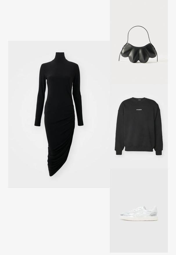 Fekete pulóver puha szövetből, kerek nyakkivágással és hosszú ujjakkal. Kis fehér szöveg logó a mellrészen. Egyszerű, díszítés nélküli design.; Fekete, hosszú ujjú ruha magas nyakkivágással, melynek egyik oldalán redős dizájn található, sima, rugalmas anyagból készült.; Fehér sportcipők fényes ezüst díszítéssel, sima felülettel, kerek orral, lapos talppal és hagyományos fűzős kialakítással.; Fekete bőr kézitáska ívelt, kagylószerű dizájnnal, egyetlen pánttal és cipzáras záródással. Simára csiszolt textúra, varrott részletekkel.