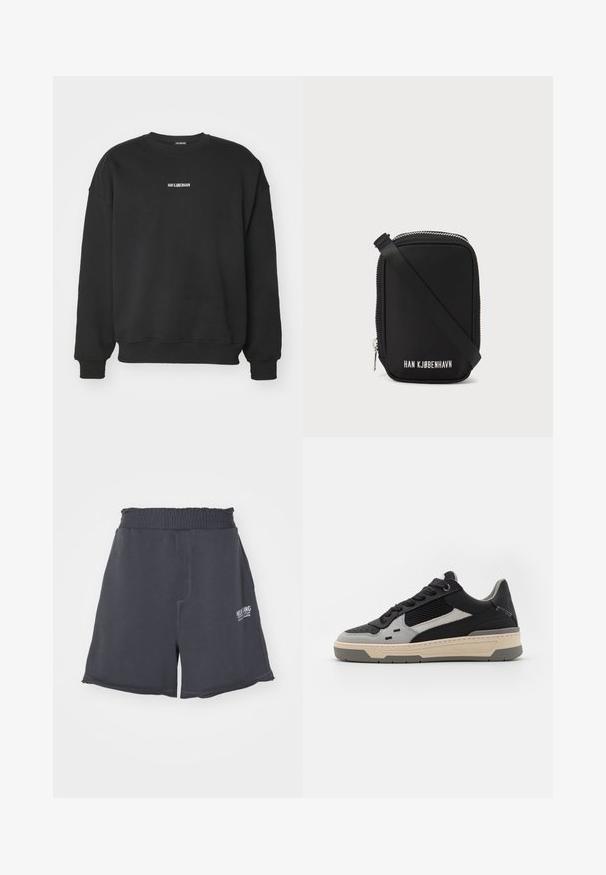 Schwarzes Sweatshirt aus weichem Material mit Rundhalsausschnitt und langen Ärmeln. Kleines weißes Textlogo auf der Brust. Einfaches, schmuckloses Design.; Dunkelgraue Baumwollshorts mit einem elastischen Bund, geradem Schnitt, dekorativen Nähten und einem kleinen weißen Logo an der Seite.; Sneaker mit schwarzen und grauen Paneelen, strukturiertem Mesh, glattem Leder und einer cremefarbigen Gummisohle mit minimalistischem Design.; Schwarze Tasche mit rechteckiger Form, aus glattem Material. Verfügt über einen oberen Reißverschluss, einen verstellbaren Riemen und weißen Text: "HAN KJØBENHAVN."