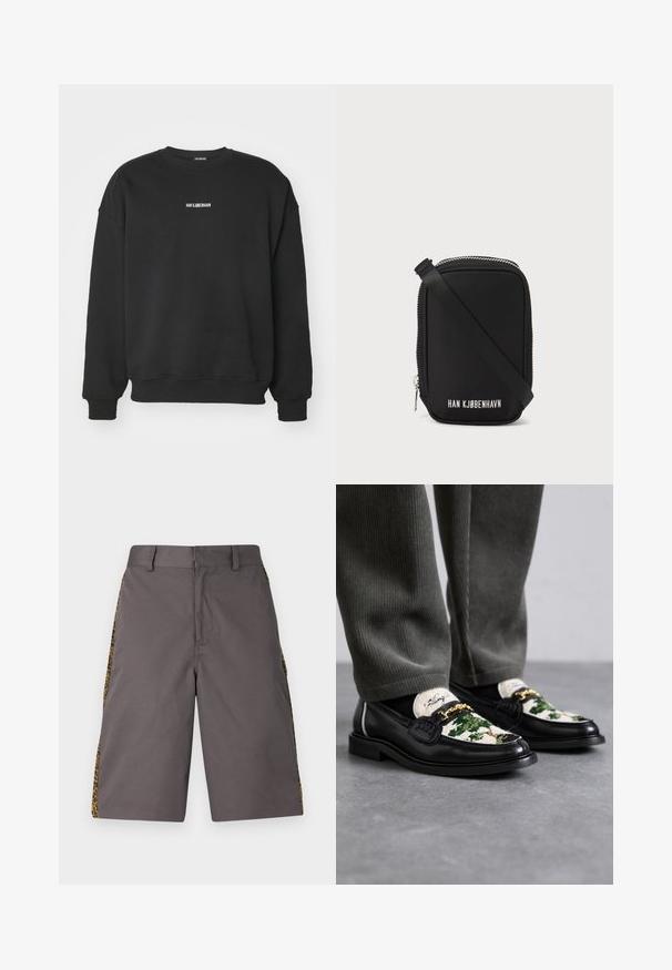 Felpa nera realizzata in tessuto morbido, con collo rotondo e maniche lunghe. Piccolo logo bianco sul petto. Design semplice e senza fronzoli.; Pantaloni corti grigi realizzati in un tessuto liscio, con pannelli laterali a stampa leopardo, con un davanti piatto e una waistband standard.; Mocassini neri in pelle con una parte superiore decorativa in tessuto verde e bianco. Presentano un'accento in catena dorata e una suola nera textured.; Borsa nera di forma rettangolare, realizzata in materiale liscio. Presenta una zip superiore, una tracolla regolabile e la scritta bianca: "HAN KJØBENHAVN."