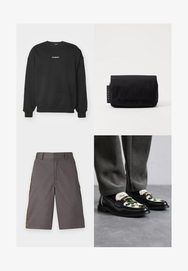 Black sweatshirt made of soft fabric, featuring a crew neckline and long sleeves. Small white text logo on the chest. Simple, unadorned design.; Gray shorts made of a smooth fabric, featuring side leopard print panels, with a flat front and standard waistband.; Black leather loafers with a decorative green and white textile upper. Features a gold chain accent and textured black sole.; Black messenger bag made of textured fabric. Features a flap closure with two circular buttons, zippered compartment, and a tag with brand name.