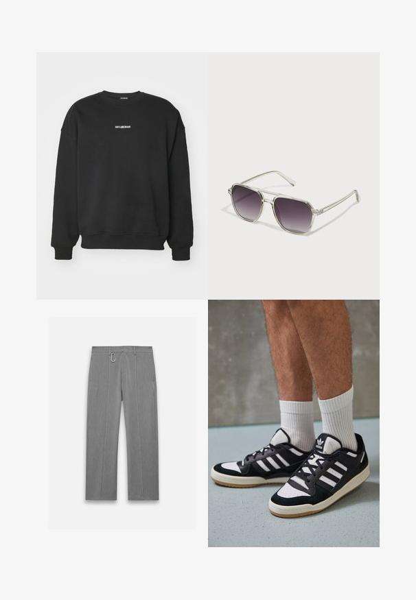 Black sweatshirt made of soft fabric, featuring a crew neckline and long sleeves. Small white text logo on the chest. Simple, unadorned design.; Gray tailored pants with a textured finish. Features a front zipper, side pockets, and a silver hardware accent. Straight-leg design.; Black and white sneakers with a suede and leather upper, featuring three white stripes, a perforated toe, and a gum rubber sole.; Clear-framed sunglasses with a square shape and gradient gray lenses. Slim silver accents on the temples add detail.
