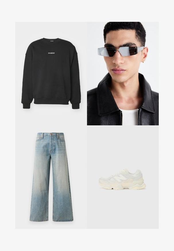 Fekete pulóver puha szövetből, kerek nyakkivágással és hosszú ujjakkal. Kis fehér szöveg logó a mellrészen. Egyszerű, díszítés nélküli design.; Világoskék széles szárú farmernadrág. Magas derekú, gombos záródással, diszkrét kopással, sima textúrával és varrott varratokkal rendelkezik.; Könnyű sportcipő, amely hálós és velúr felsőrésszel rendelkezik, lágy krémszínű árnyalatokban, vastag talppal és háromdimenziós díszítésekkel.; Szögletes, szürke árnyalatú napszemüveg ezüst díszítéssel, világos háttér előtt. A lencsék egyedi geometrikus formával rendelkeznek.