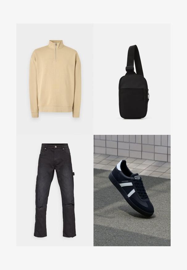 Bež spodnja majica s visokim ovratnikom in polovičnim zadrgo. Ima rebraste manšete in spodnji rob, z diskretnim logotipom na prsih. Gladka tekstura.; Črne denim cargo hlače s ravnim krojem, z raztrganimi koleni in stranskim žepom, izdelane iz trpežnega teksturiranega blaga.; Črne usnjene superge z belimi črtami, teksturiran gumijast podplat in zavezovanje spredaj. Imajo označeno oznako na ježku.; Črna torba za čez ramo, izdelana iz trpežnega materiala, z enim nastavljivim trakom, z glavnim predalom na zadrgo in sprednjim žepom.