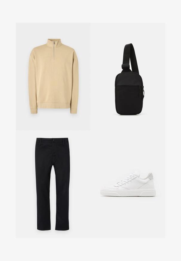 Šviesiai ruda džemperis su aukštu kaklu ir pusiau užtrauktuku. Su raukšlėtomis rankovėmis ir apatine dalimi, taip pat su subtilia logotipu ant krūtinės. Lygus paviršius.; Juodos kelnės, pagamintos iš lygaus audinio, su plokščiu priekiu, standartiniu liemeniu su diržo kilpomis ir tiesiomis kojomis. Klasikinis dizainas be raštų.; Balti odiniai sportbačiai su lygiu paviršiumi, apvaliu pirštu, plokščiomis raištelėmis ir struktūrizuota padu. Pilko zimšo akcentas ant kulno.; Juodas per petį nešiojamas krepšys, pagamintas iš patvarios medžiagos, su vienu reguliuojamu diržu, užtrauktuku užsidarančia pagrindine kišene ir priekyje esančia kišene.