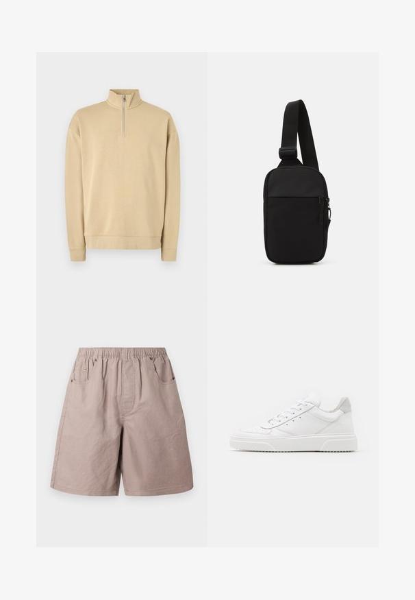 Beige sweatshirt med høy hals og halv glidelås. Har ribbestrikkede mansjetter og kant, med en subtil logo på brystet. Glatt tekstur.; Beige bomullsshorts med elastisk midje, to sidelommer og subtile sømdetaljer. Glatt tekstur, kne-lengde design.; Hvite skinnsko med en glat overflate, rund tå, flate lisser og teksturert såle. Grå semsket innfelt ved hælen.; Svart skulderveske laget av slitesterkt stoff, med en justerbar stropp, en glidelåslukking på hovedrommet og en frontlomme.