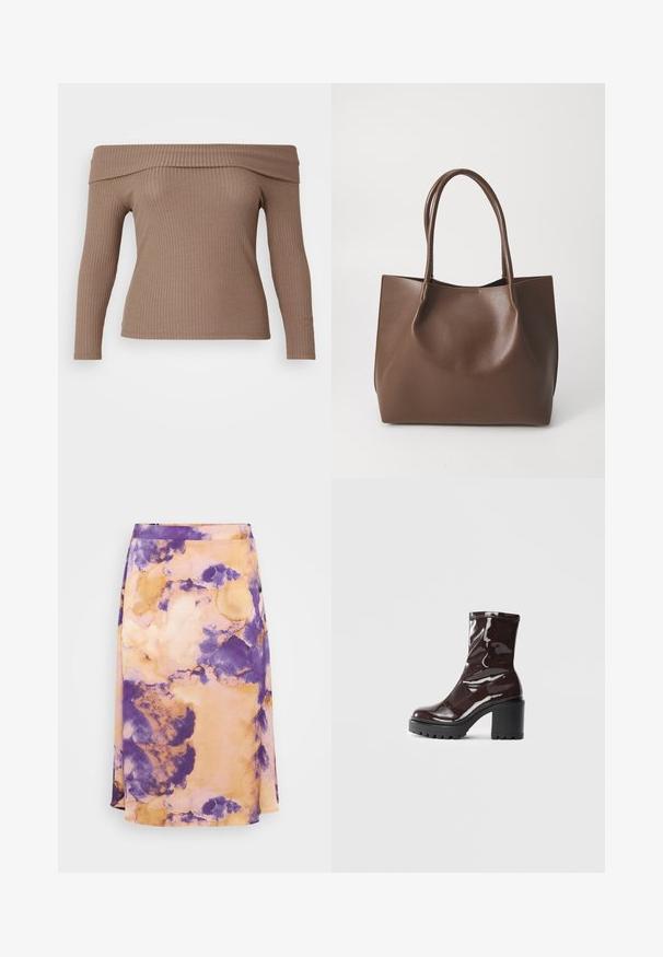 Top z dolgimi rokavi, ki se nosi na ramo, iz svetlo rjave rebraste tkanine, z oprijetim silhueto in gladko teksturo.; Lila in oranž kravate-mnofana midi krila iz mehkega blaga z A-linijskim krojem in subtilno teksturo, ki ima gladek pas in tekoč dizajn.; Sijajan škrlatank z bleščečim videzom, z masivnim črnim peto, ki se ponaša z gladko teksturo in preprostim dizajnom. Brez vidnih zapenjal ali vzorcev.; Rjava usnjena torba z dvema dolgima ročajema, strukturirane oblike, gladke teksture in minimalisticnega dizajna. Ni vidne strojne opreme ali dodatkov.