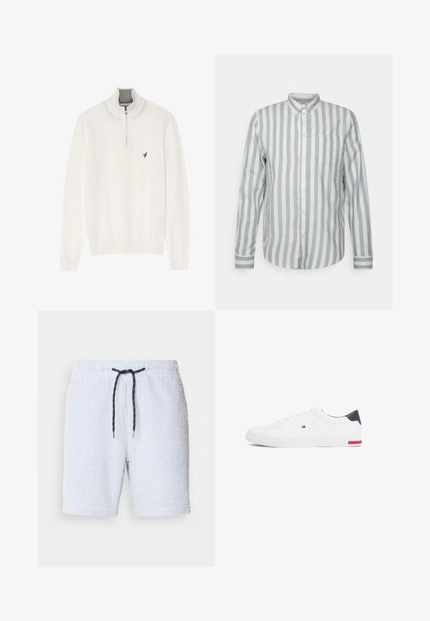 Pulover alb cu guler crem cu fermoar, cu mâneci lungi și un mic logo cu o pasăre albastră pe piept. Textură moale și netedă.; Camasa cu nasturi, în dungi albastre deschise și off-white. Are guler clasic, mâneci lungi și un buzunar pe piept. Material moale, croială lejeră.; Costum de baie cu dungi în bleu deschis și alb, având o talie elastică cu un șnur bleumarin și mici vârfuri metalice argintii.; Adidași albi cu vârf jos, din piele netedă. Prezintă un toc albastru marine și un accent roșu pe talpă. Șase gauri pentru șireturi.