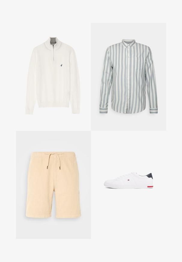 Hvid pullover sweater med en grå lynlåsekrave, der har lange ærmer og et lille blåt fuglelogo på brystet. Blød, glat tekstur.; Knapp-up skjorte i lyseblå og off-white striber. Har en klassisk krave, lange ærmer og en brystlomme. Blødt stof, afslappet pasform.; Beige corduroy shorts med elastisk talje og snor. Indeholder sidelommer og er lige skåret. Blød tekstur og glat finish.; Hvide low-top sneakers lavet af glat læder. Har en marineblå hælkappe og en rød detalje på sålen. Seks snørehuller.
