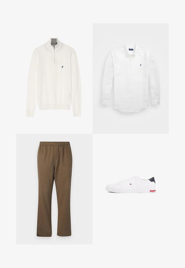 Balts svītrojums ar pelēku rāvējslēdzēja apkakli, ar garām piedurknēm un mazu zilu putnu logo uz krūtīm. Mīksta, gluda tekstūra.; Balta garām piedurknēm krekls no kokvilnas ar pogāmu apvalku, ar mazu tumšzilgu logo kreisajā krūtī un klasisku pogu aizdari.; Samsøe Samsøe JABARI - Auduma bikses - canteen; Baltas zemu topu sporta apavus, kas izgatavoti no gludas ādas. Satura tumši zilu papēža daļu un sarkanu akcentu uz zoles. Seši caurumi šņorēm.