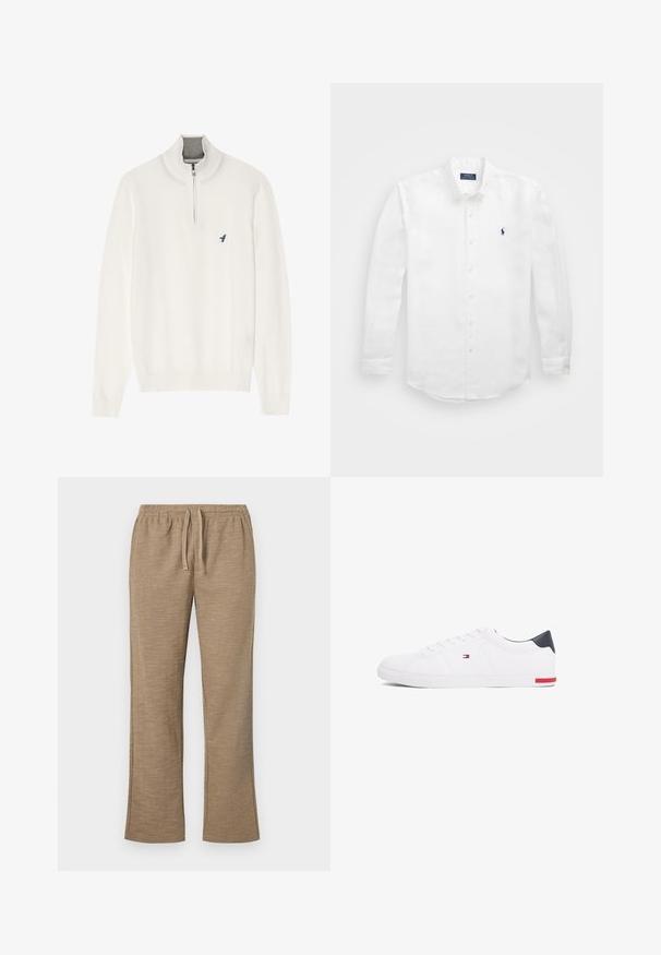 Hvit genser med grå glidelås i kragen, med lange ermer og en liten blå fuglelogo på brystet. Myk, glatt tekstur.; Hvit langermet skjorte laget av bomull med krage som kan kneppes, som har en liten marineblå logo på venstre bryst og klassisk knappefeste.; Beige bukser med et struktureret mønster, der har en elastisk talje med snoretræk. Lige ben-design med let udvidet bund.; Hvite lave sneakers laget av glatt lær. Har en marineblå hælhette og en rød detalj på sålen. Seks hull til lisser.