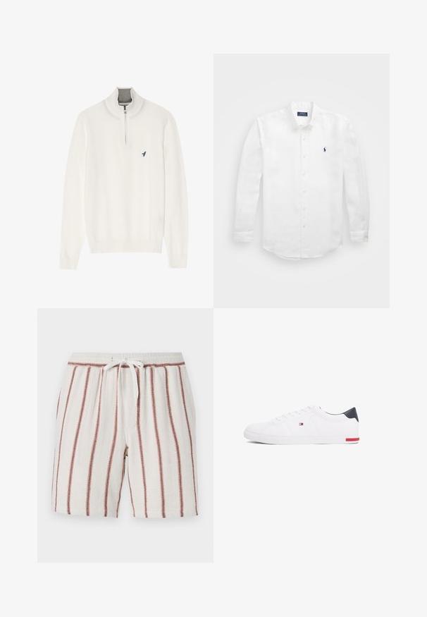 Weißer Pullover mit grauem Reißverschlusskragen, langen Ärmeln und einem kleinen blauen Vogel-Logo auf der Brust. Weiche, glatte Textur.; Weißes Langarmhemd aus Baumwolle mit einem Button-Down-Kragen, versehen mit einem kleinen marineblauen Logo auf der linken Brust und klassischem Knopfverschluss.; Baumwollshorts mit einem Kordelzugbund, cremefarbenem Hintergrund und vertikalen rostfarbenen Streifen, strukturiertem Stoff und lässiger Passform.; Weißes Low-Top-Sneaker aus glattem Leder. Mit einem marineblauen Fersenstück und einem roten Akzent an der Sohle. Sechs Ösen für die Schnürsenkel.