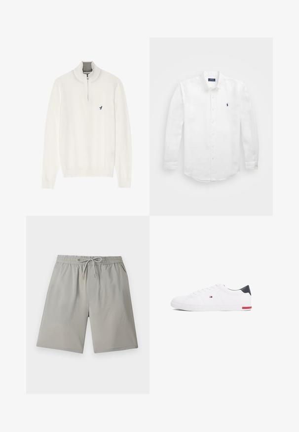 White pullover sweater with a grey zip collar, featuring long sleeves and a small blue bird logo on the chest. Soft, smooth texture.; White long-sleeve shirt made of cotton with a button-down collar, featuring a small navy logo on the left chest and classic button fastening.; Light gray shorts with an elastic waistband, adjustable drawstring, side pockets, and a soft, smooth texture.; White low-top sneakers made of smooth leather. Features a navy heel cap and a red accent on the sole. Six eyelets for laces.